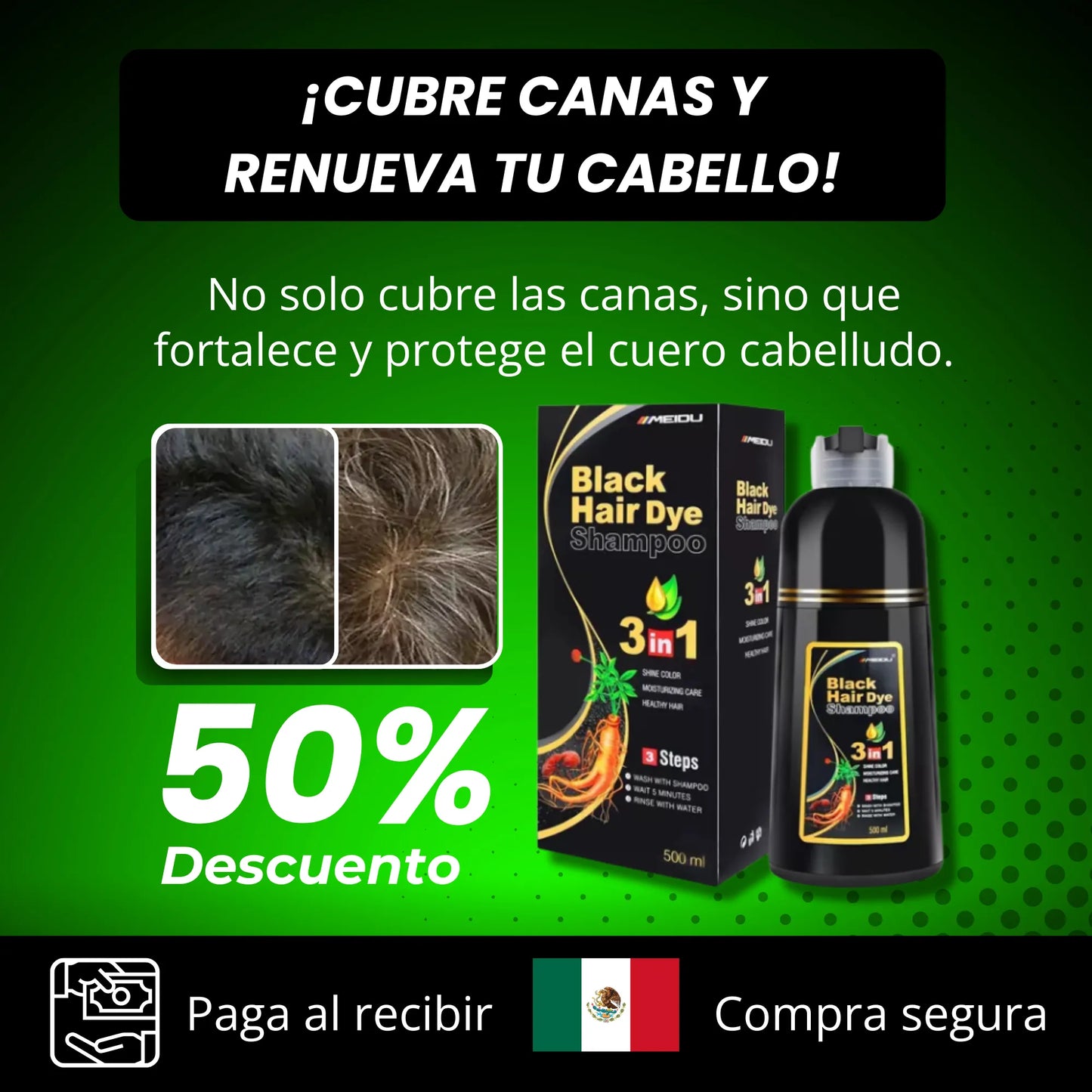 SHAMPOO TINTE NEGRO ANTICANAS NATURAL 3 EN 1 500 ML