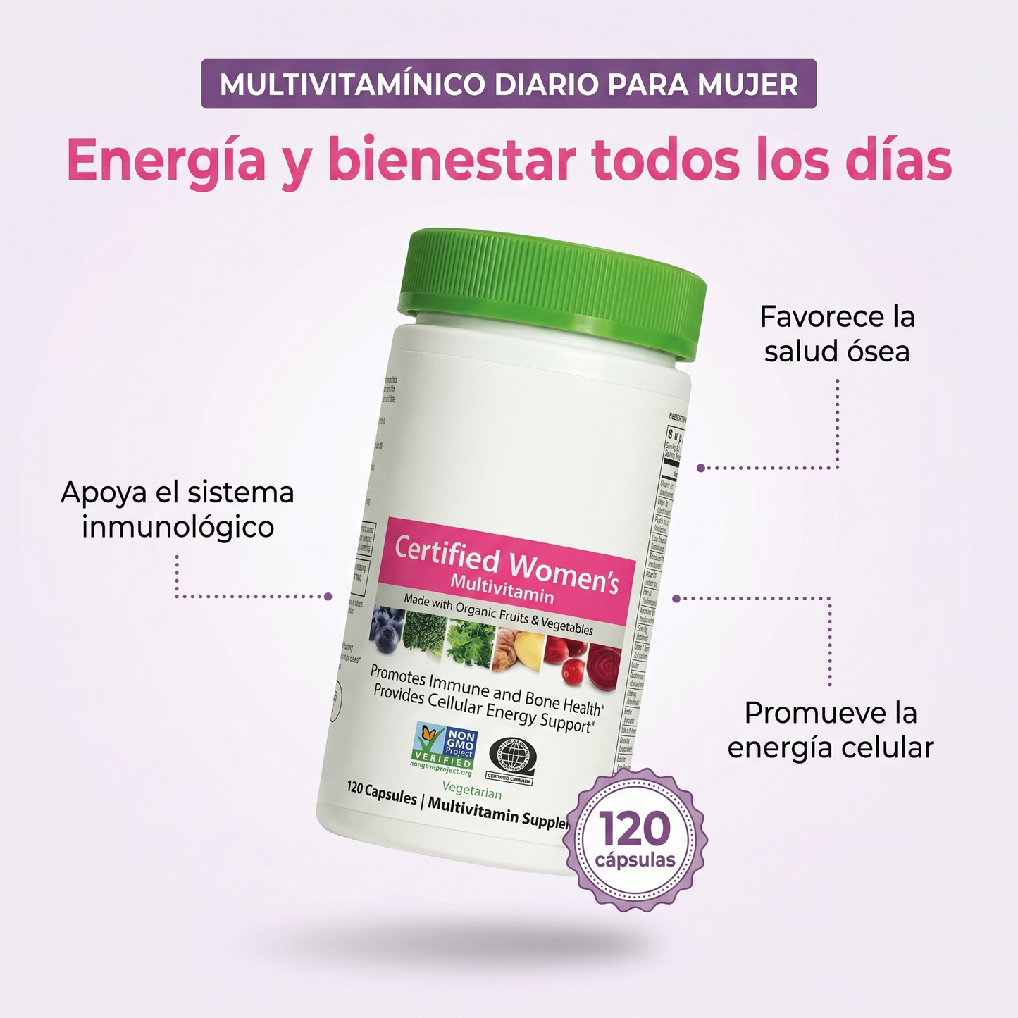Multivitaminico para Mujeres - Nutrientes alimentarios reales, enzimas digestivas y probióticos.
