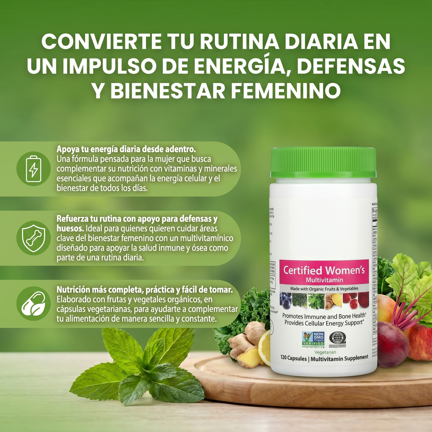 Multivitaminico para Mujeres - Nutrientes alimentarios reales, enzimas digestivas y probióticos.