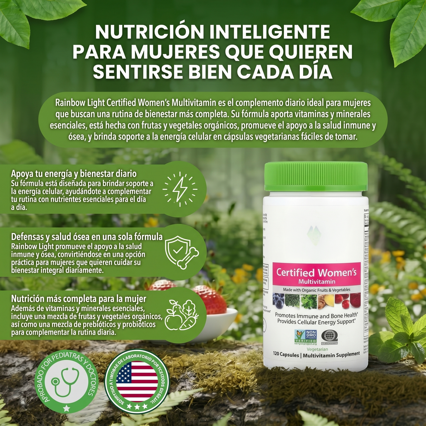 Multivitaminico para Mujeres - Nutrientes alimentarios reales, enzimas digestivas y probióticos.