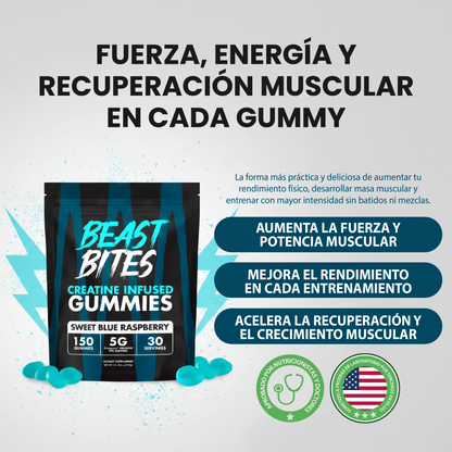 Beast bites en creatine infused gummies- Acelerar la recuperación muscular y mejorar el rendimiento físico.