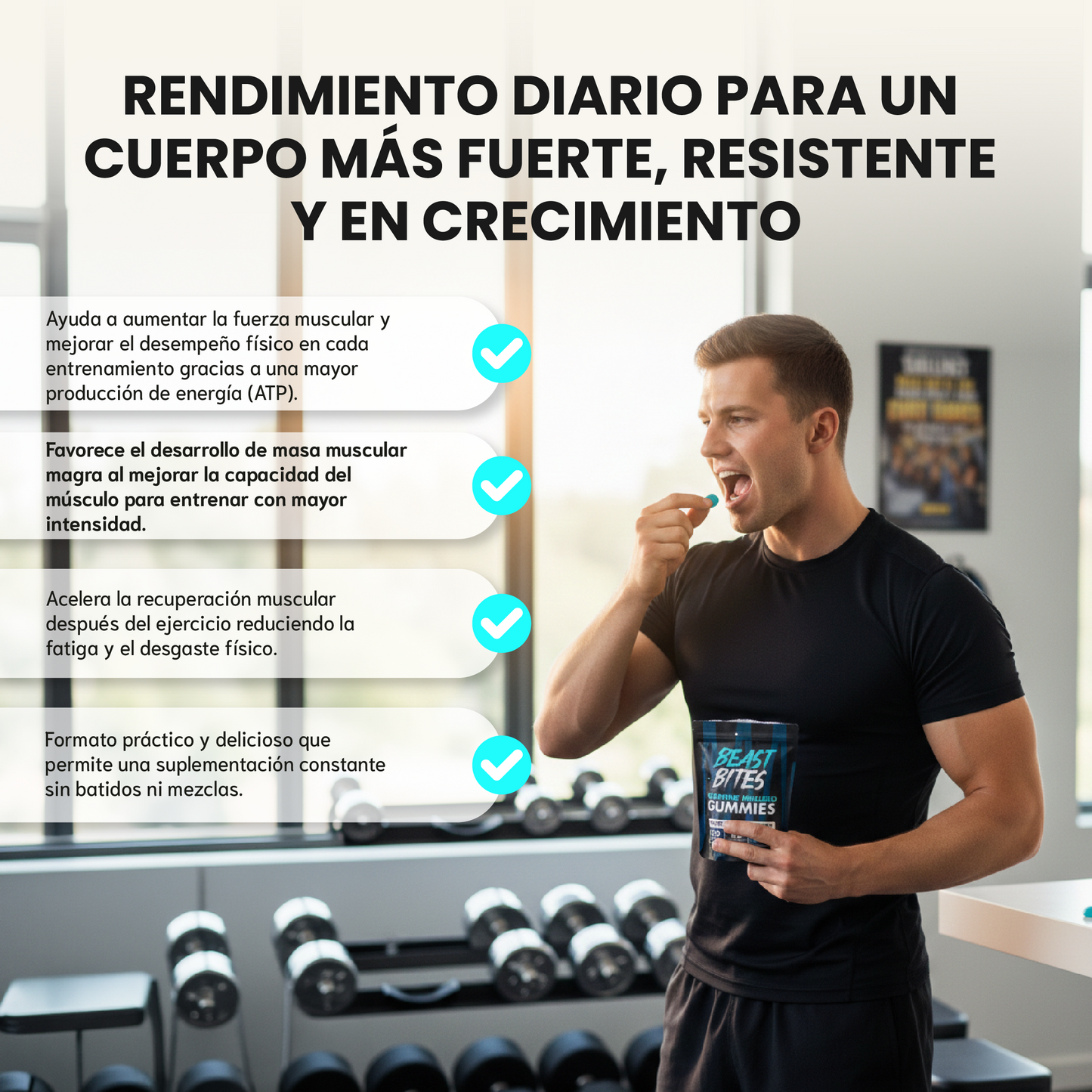 Beast bites en creatine infused gummies- Acelerar la recuperación muscular y mejorar el rendimiento físico.