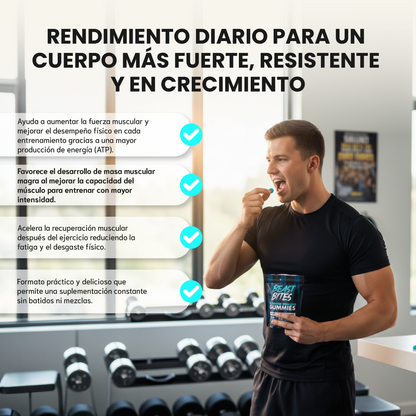 Beast bites en creatine infused gummies- Acelerar la recuperación muscular y mejorar el rendimiento físico.