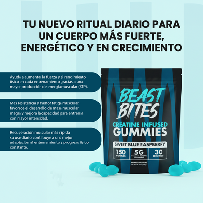 Beast bites en creatine infused gummies- Acelerar la recuperación muscular y mejorar el rendimiento físico.