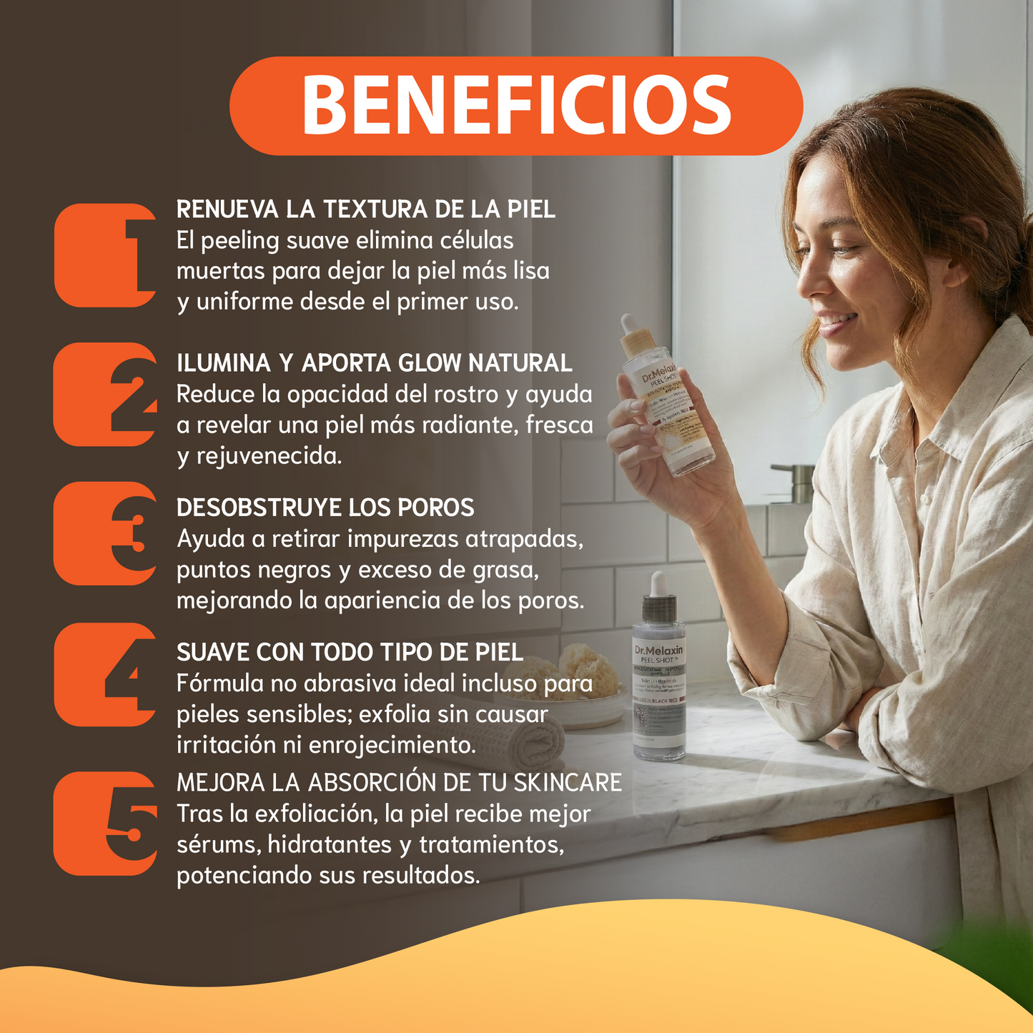 Dr.melaxin Línea de arroz Peel Shot Glow- Exfoliante removedor de células muertas de la piel