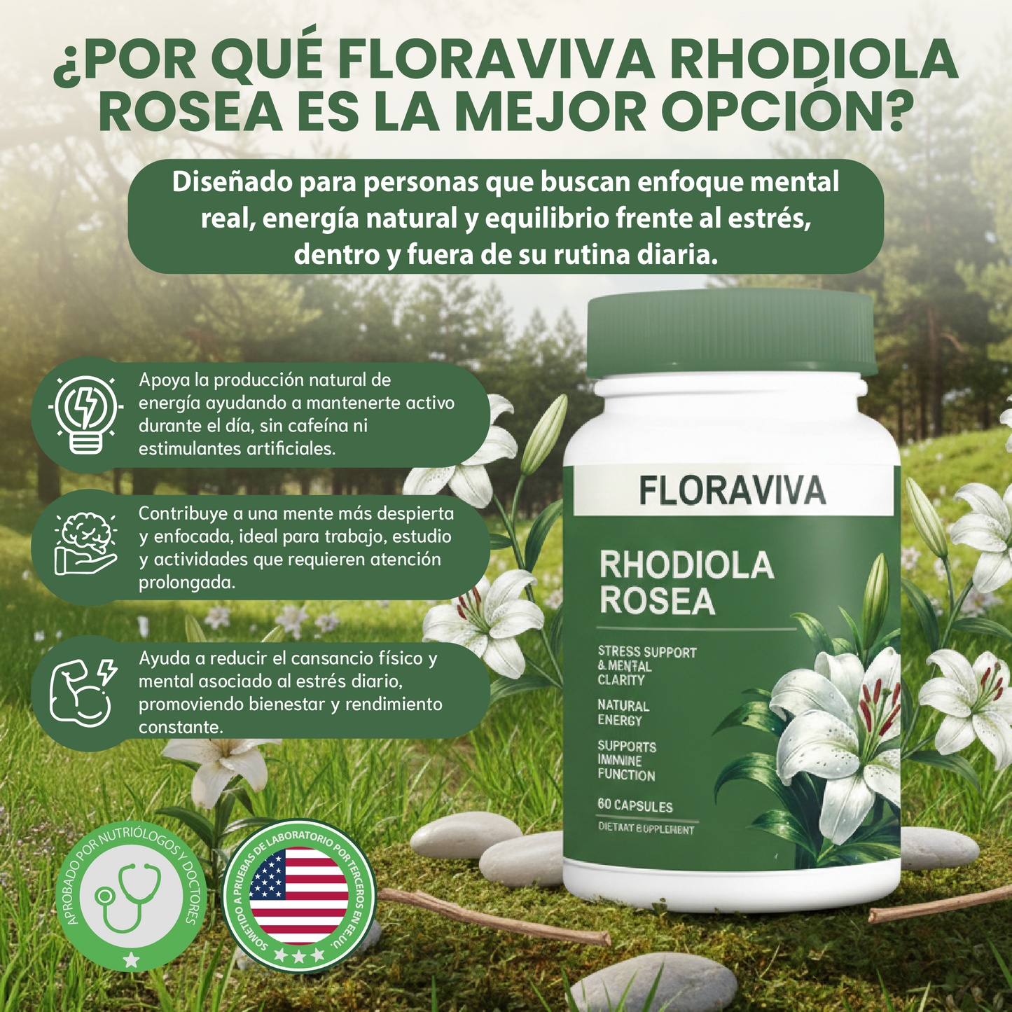 Cápsulas Rhodiola Rosea- Suplemento para apoyo diario al estrés y equilibrio energético.