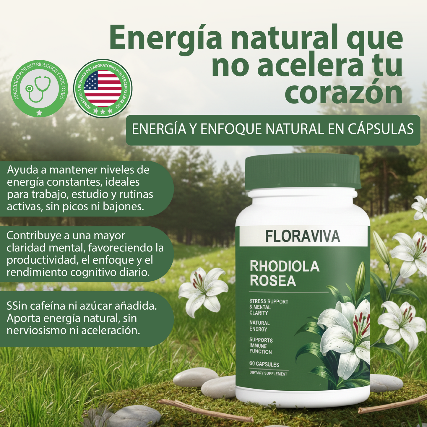 Cápsulas Rhodiola Rosea- Suplemento para apoyo diario al estrés y equilibrio energético.