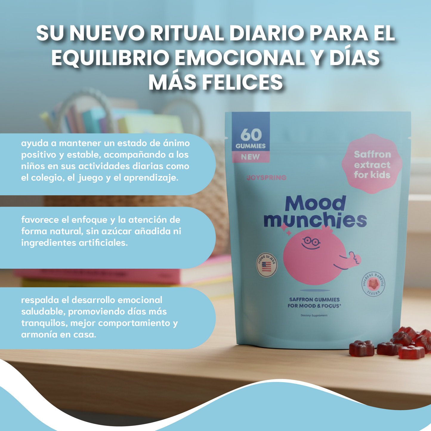 Gomitas de azafrán y Gaba para niños- apoyo al estado de ánimo y calma las rabietas.