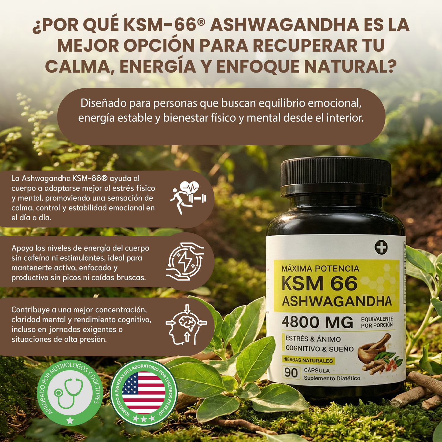 KSM 66 ashwagandha- Alivio del Estrés, Energía y Apoyo al Sueño.