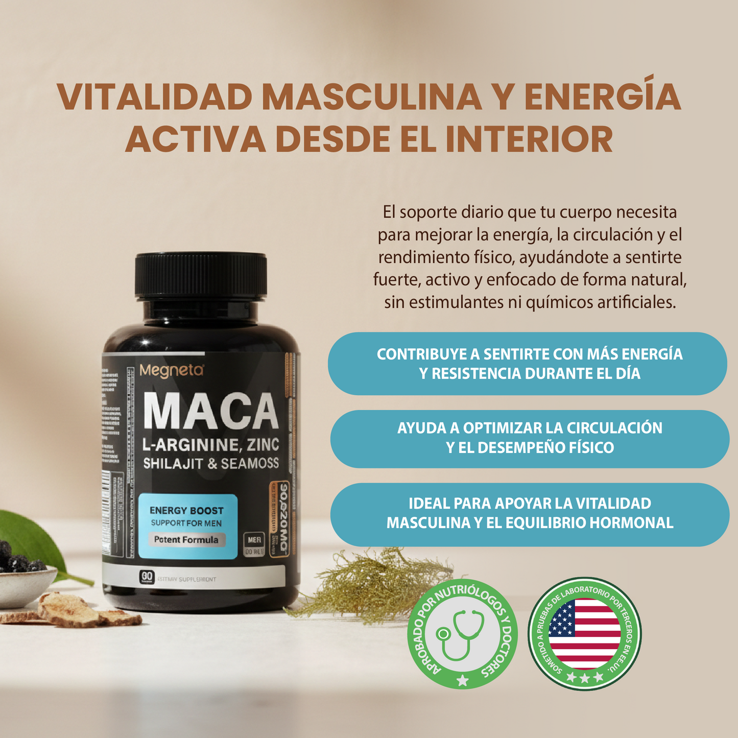 Maca L-arginine zinc -Suplemento Para Hombres diseñado para potenciar la energía, resistencia y vitalidad diaria.