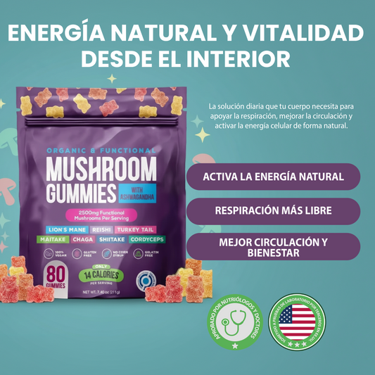 Mushroom Gummies - Energía natural, respiración libre y circulación saludable.