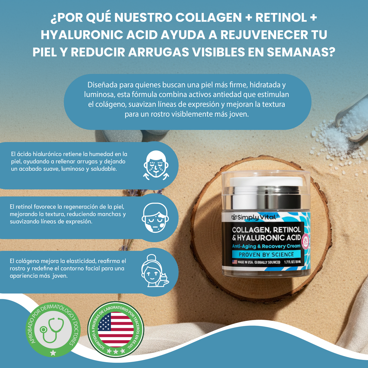 Collagen + retinol + hyaluronic acid- Reduce líneas de expresión y arrugas.