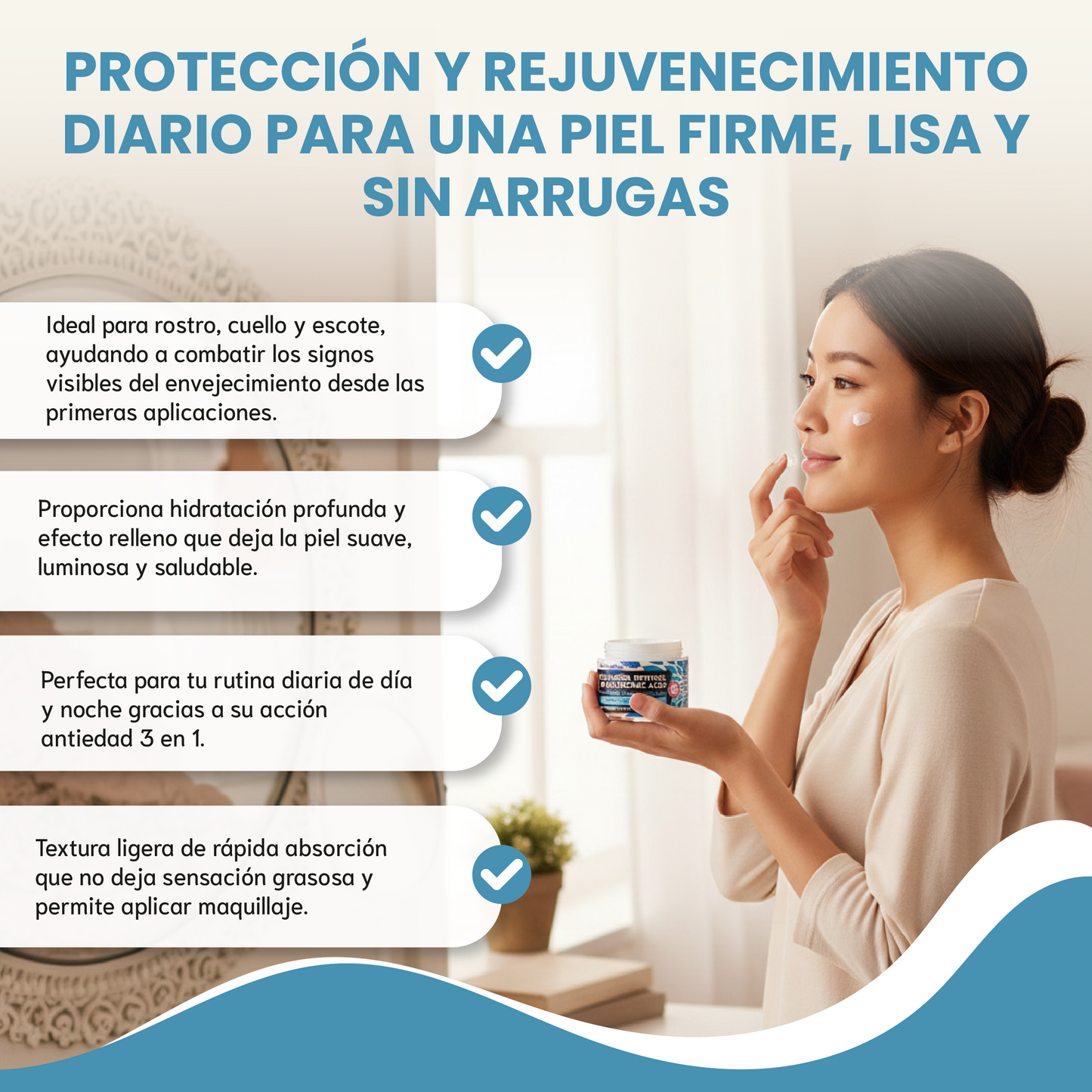 Collagen + retinol + hyaluronic acid- Reduce líneas de expresión y arrugas.