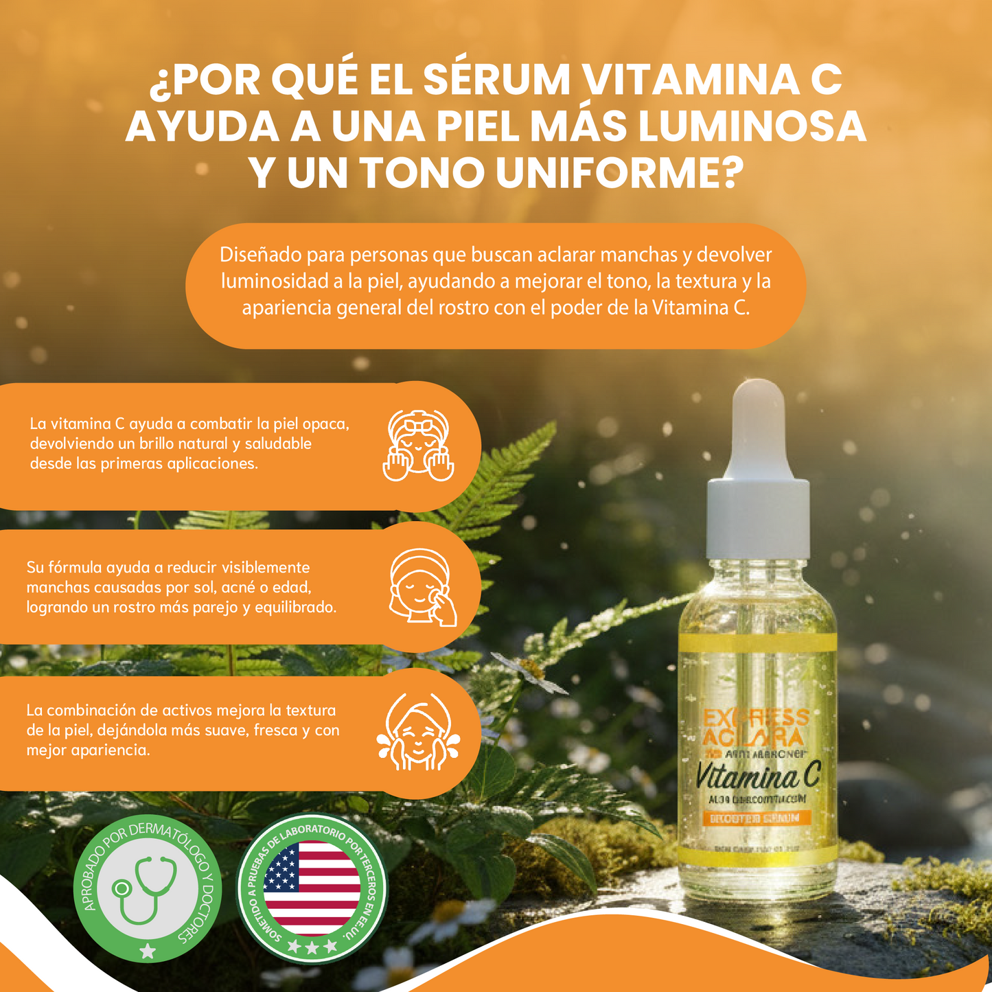 Sérum facial con Vitamina C-  Reduce manchas, unificar el tono y devolver luminosidad a la piel.