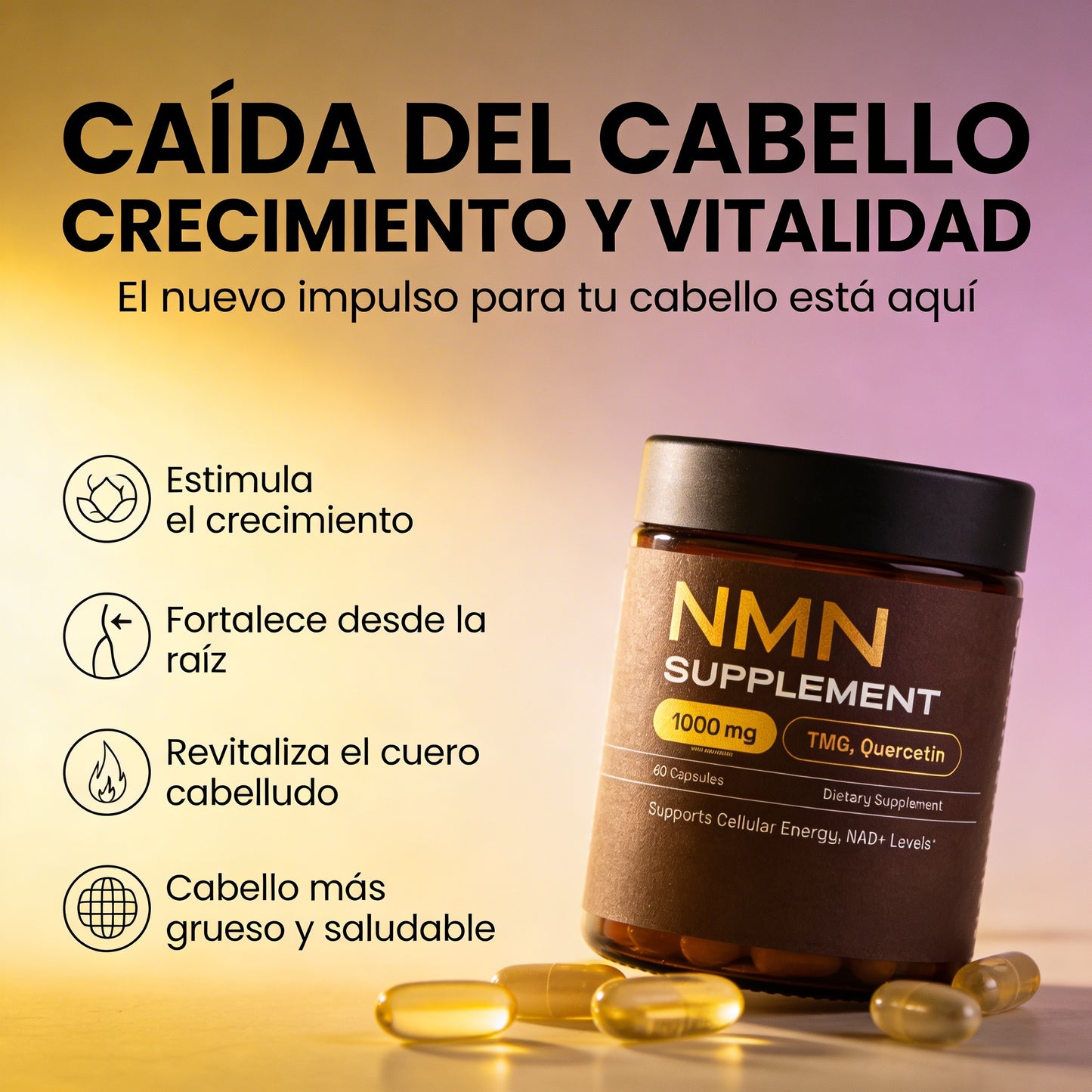 Suplemento NMN - Energía celular, vitalidad y apoyo al envejecimiento saludable.