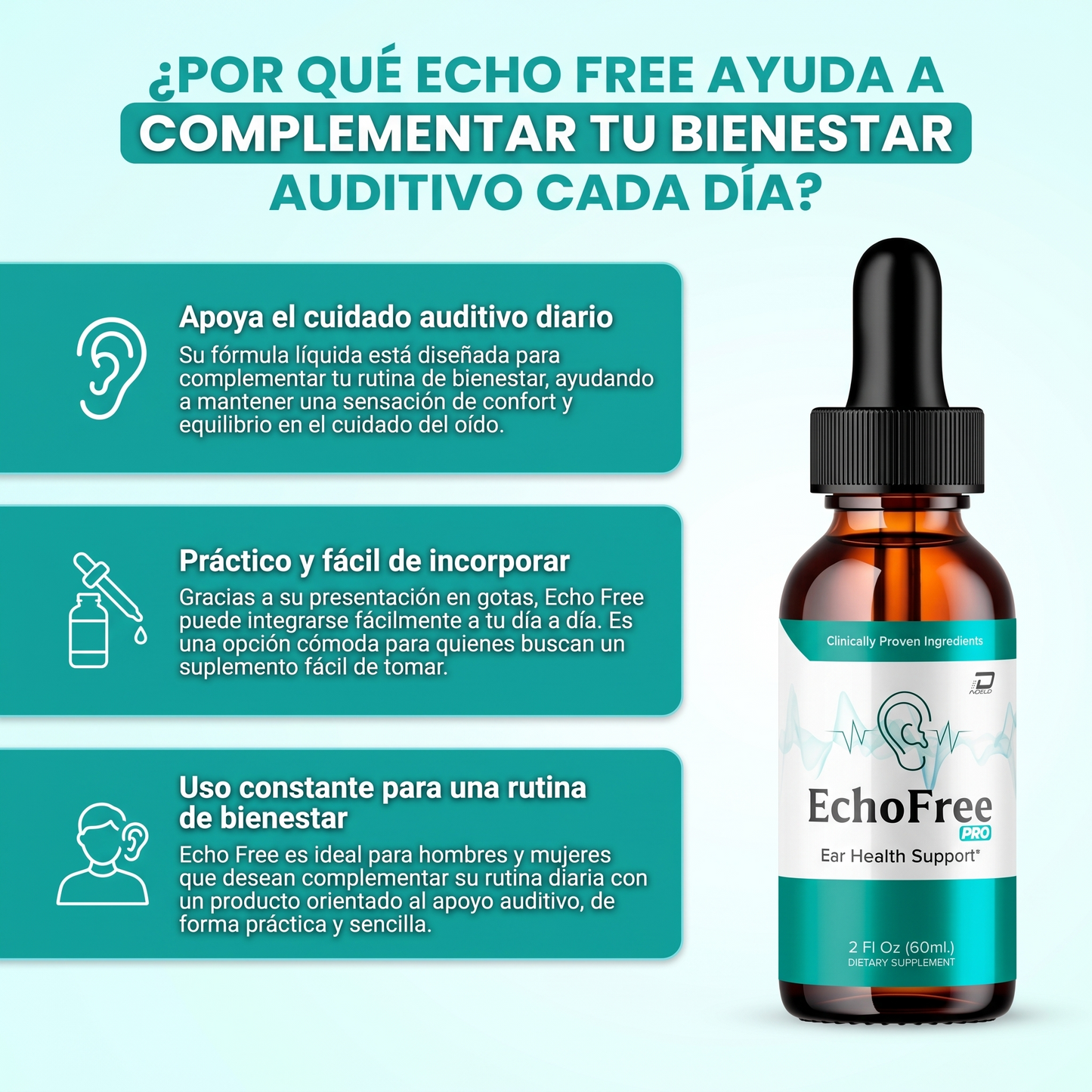 Echo free- Apoyar el bienestar del oído y la salud auditiva diaria.
