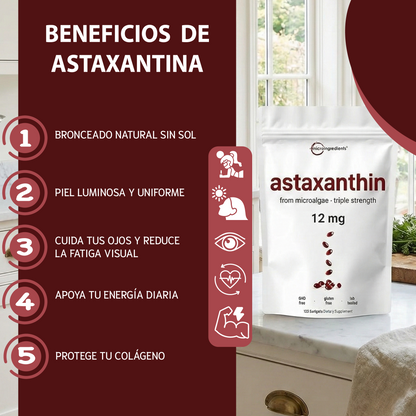 Astaxantina- Apoya la salud ocular, mejora la apariencia de la piel y potencia la energía celular.