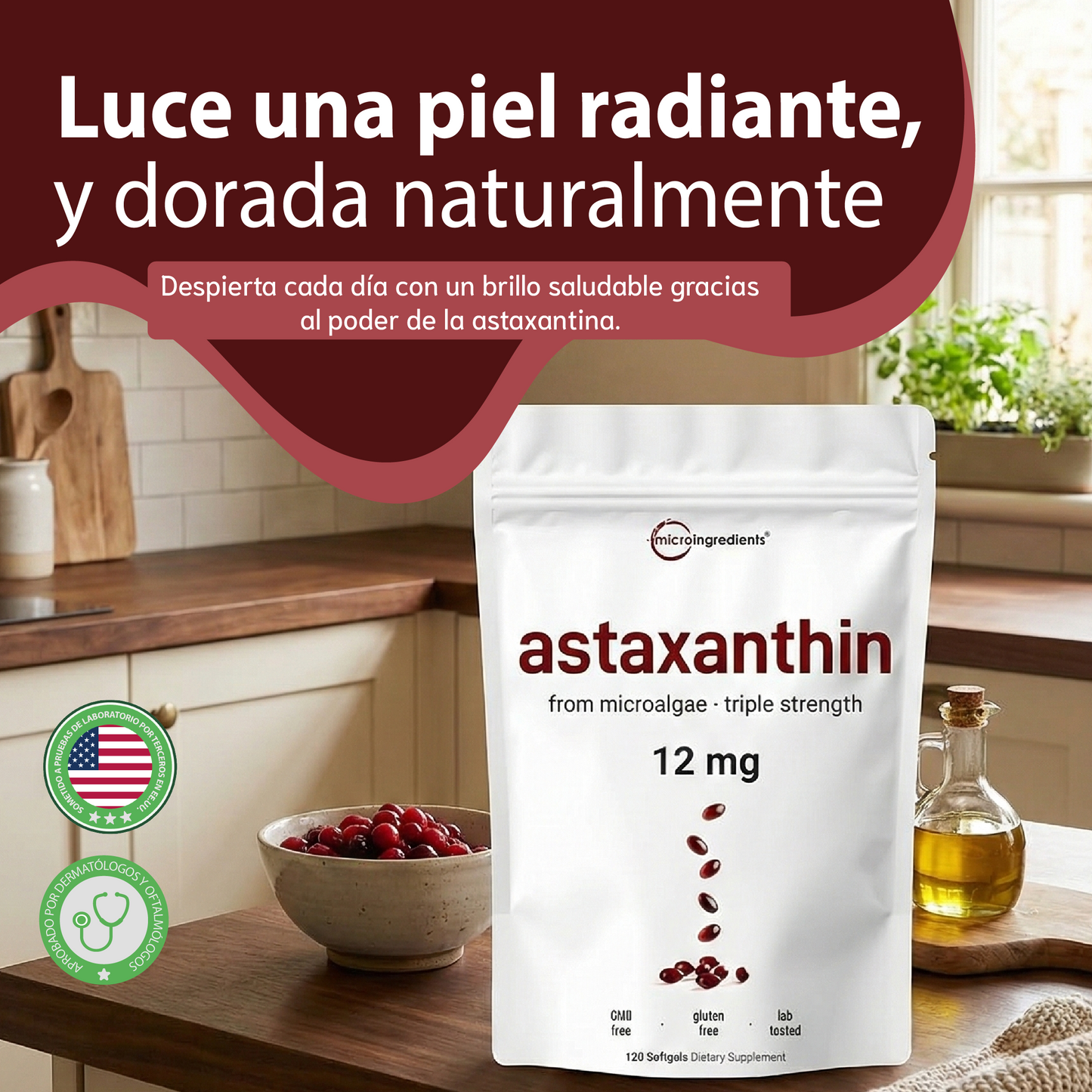 Astaxantina- Apoya la salud ocular, mejora la apariencia de la piel y potencia la energía celular.