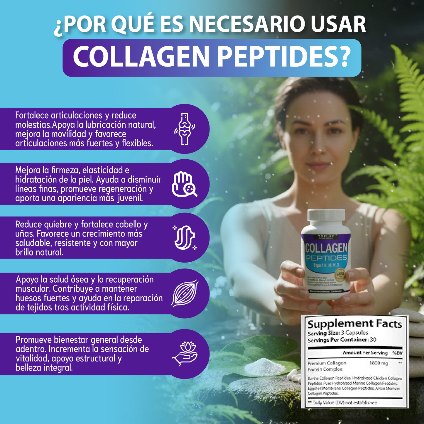 Complejo de péptidos de colágeno múltiple-Una mejor piel, cabello y articulaciones fuertes.