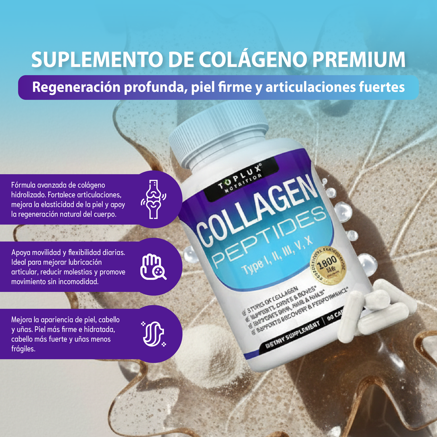 Complejo de péptidos de colágeno múltiple-Una mejor piel, cabello y articulaciones fuertes.